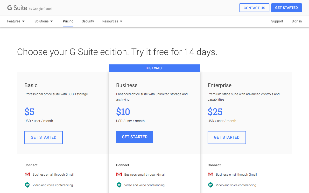 Giá các phiên bản G Suite trên thế giới