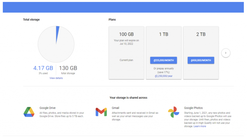 Trước đây người dùng có thể tự mua bổ sung dung lượng trên trang quản lý dung lượng Google Drive